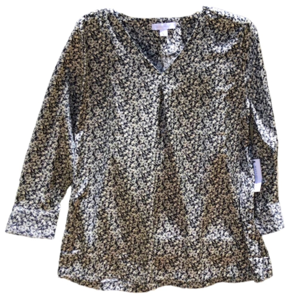 55• Madison Grey NWOT Black/Ivory Floral Long Sleeve Front Pleat Blouse (XL)